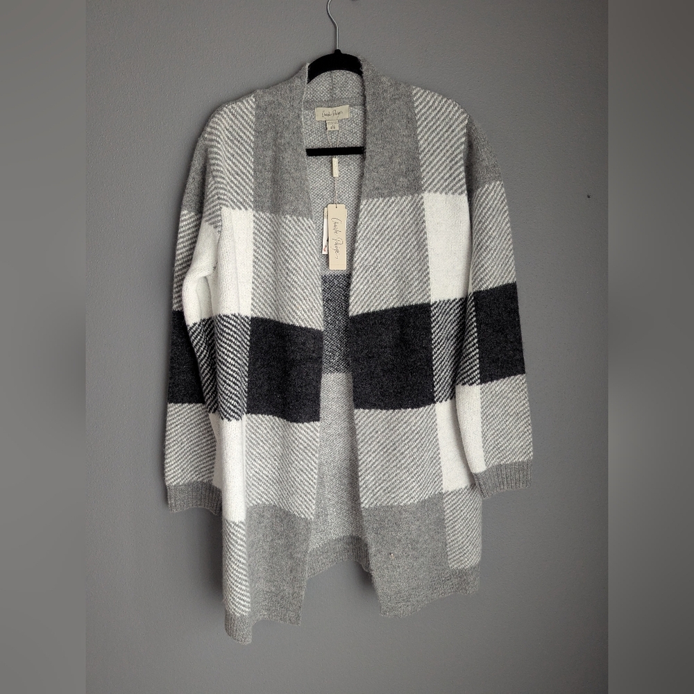 NWT. Charlie Paige Plaid Open Front Sweater Women's Size L/XL. Gray Sweater.